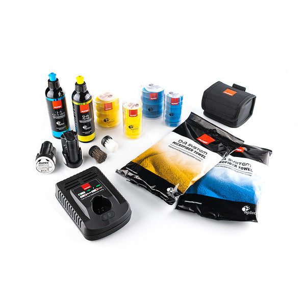 Various Rupes car detailing tools, products, and microfiber towels.